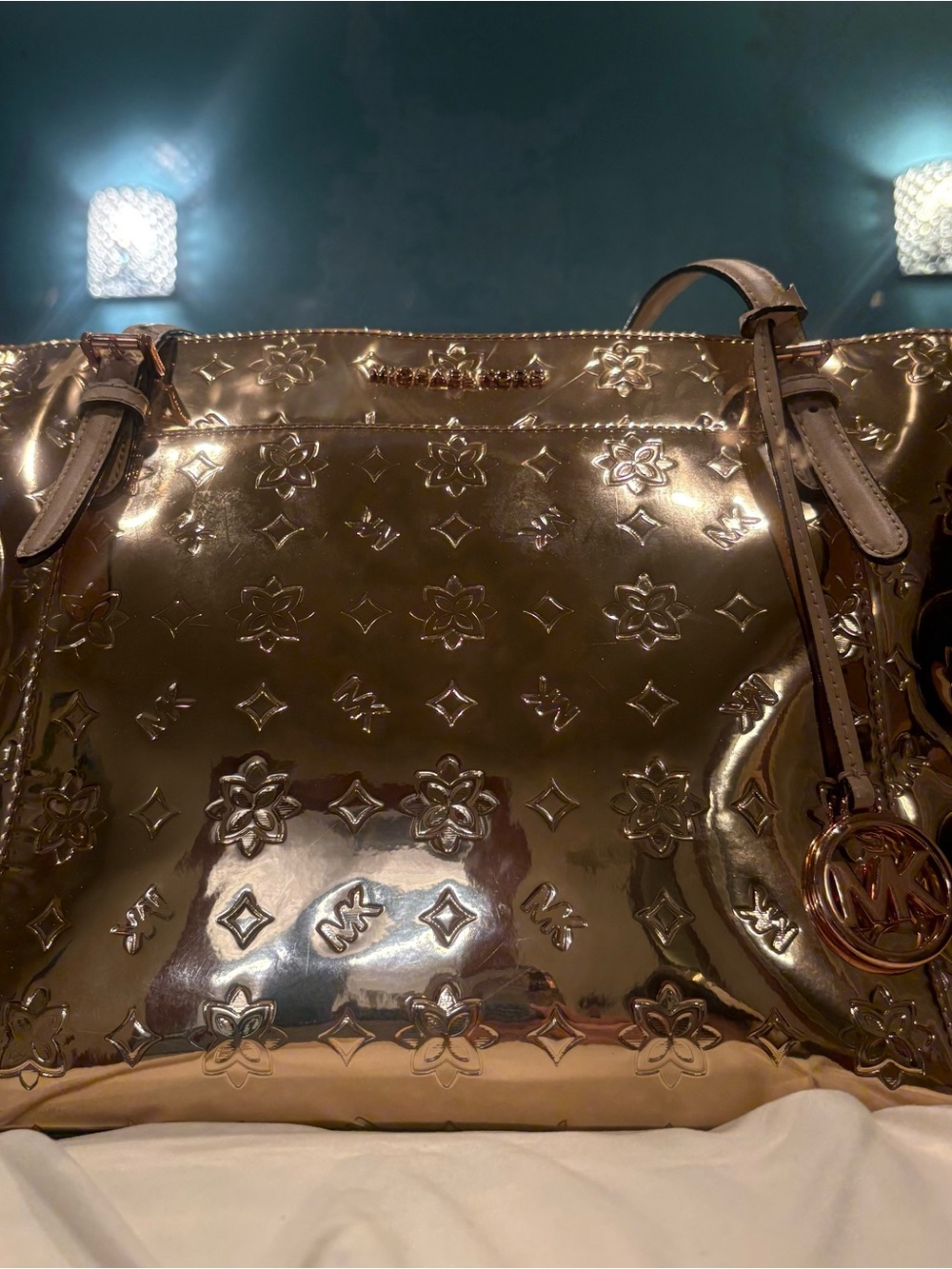 Michael Kors Ciara Large Mirror Embossed Metallic Tote Bag With MK Charm